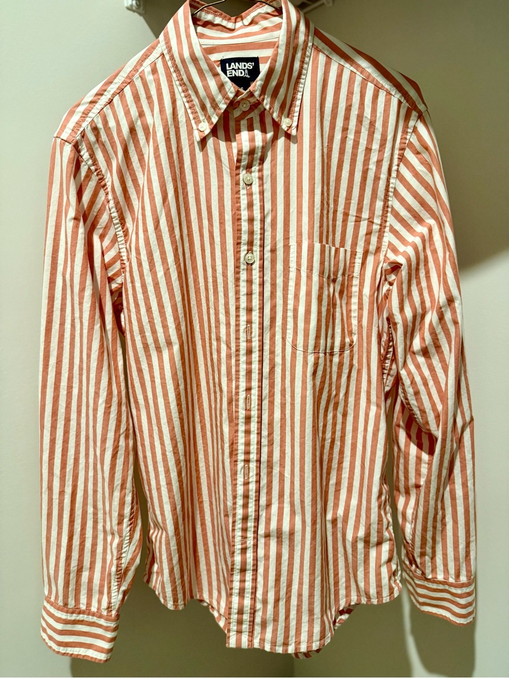 Lands' End Men's Coral and White Striped Button-Down Shirt